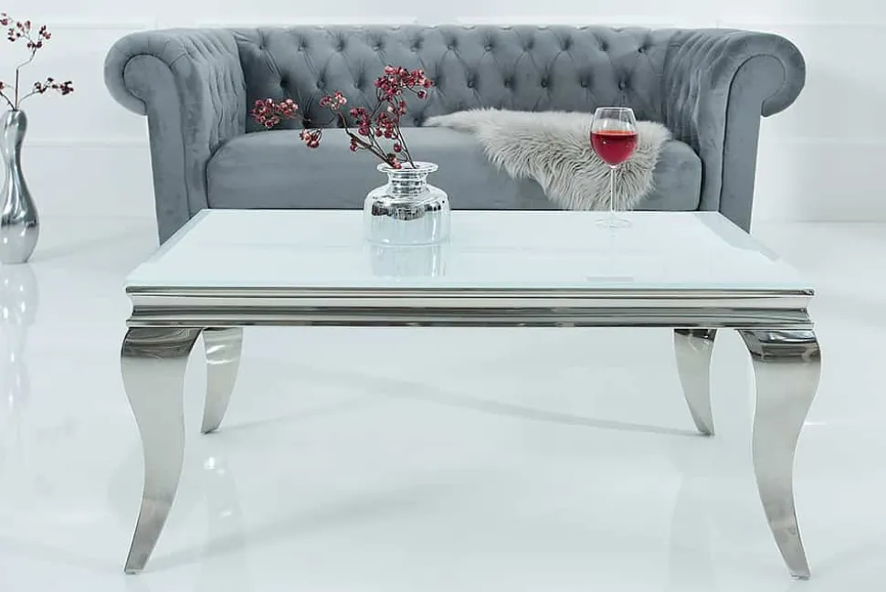 Eleganter Couchtisch MODERN BAROCK 100cm silber mit weißem Opalglas