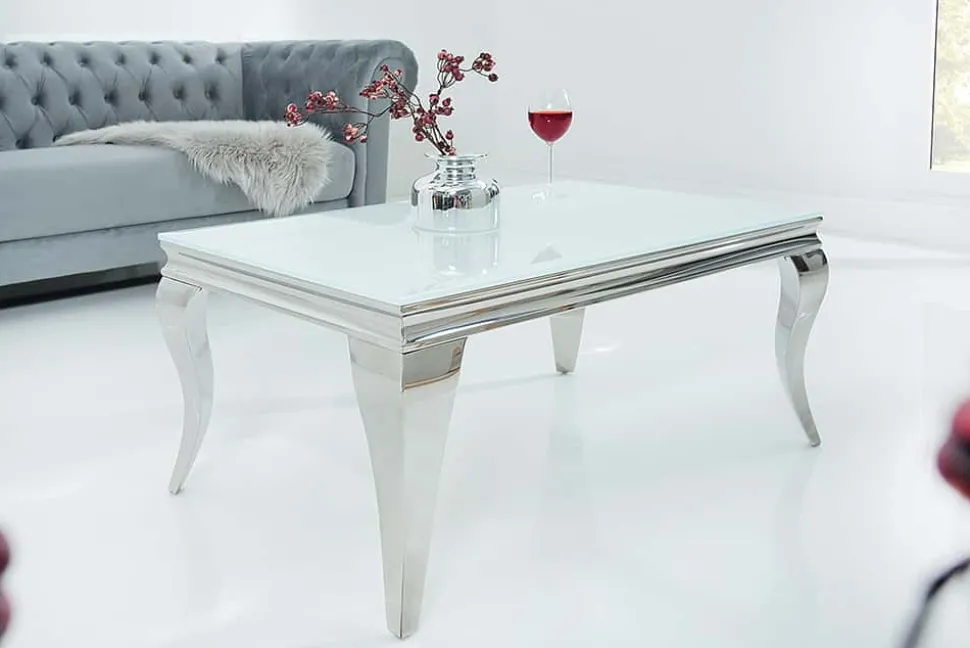 Eleganter Couchtisch MODERN BAROCK 100cm silber mit weißem Opalglas