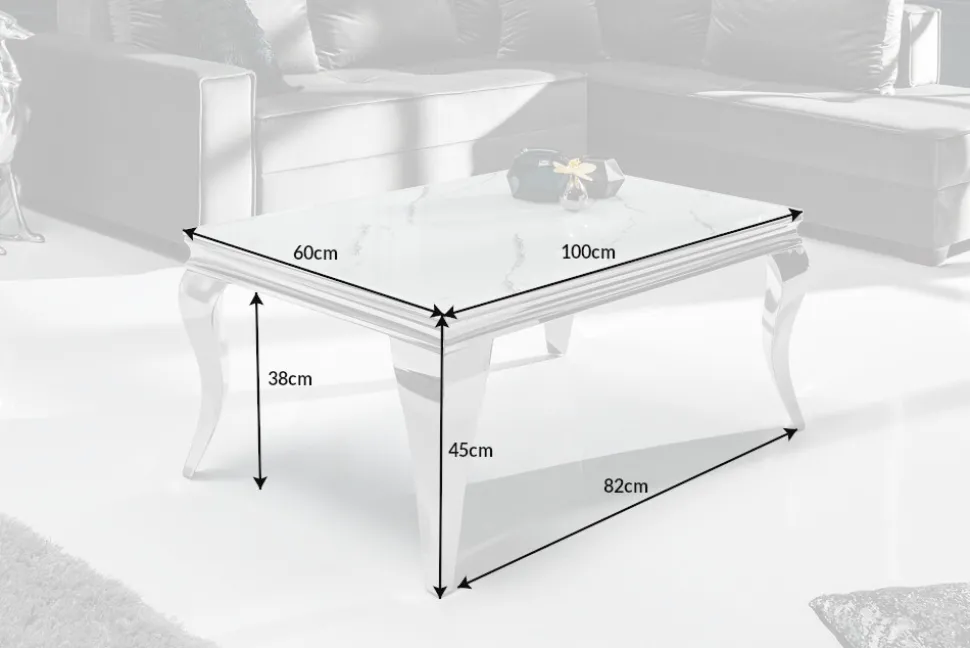 Eleganter Couchtisch MODERN BAROCK 100cm Glasplatte in Marmoroptik Edelstahlbeine