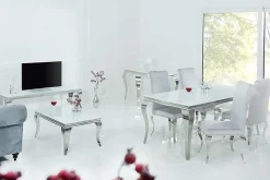 Eleganter Design Esstisch MODERN BAROCK 200cm weiß Edelstahl Opalglas Tischplatte
