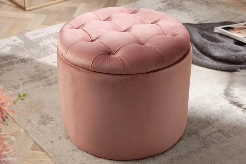 Eleganter Hocker MODERN BAROCK 50cm altrosa Samt Aufbewahrungkorb