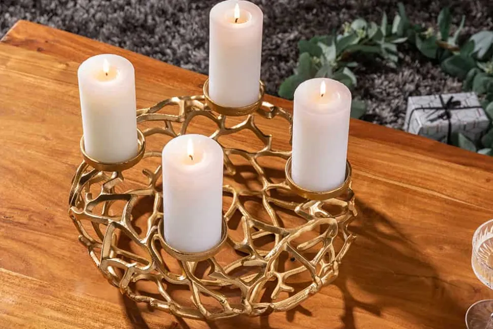 Eleganter Kerzenhalter ABSTRACT 38cm gold Kranz aus Ästen für 4 Kerzen