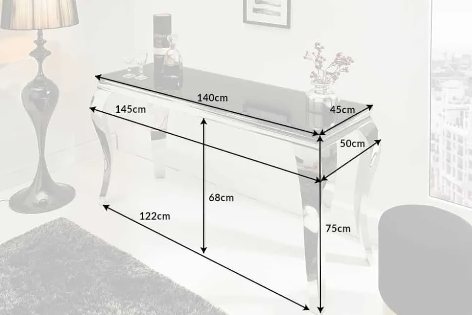 Eleganter Konsolentisch MODERN BAROCK 145cm schwarz Opalglas Edelstahlbeine
