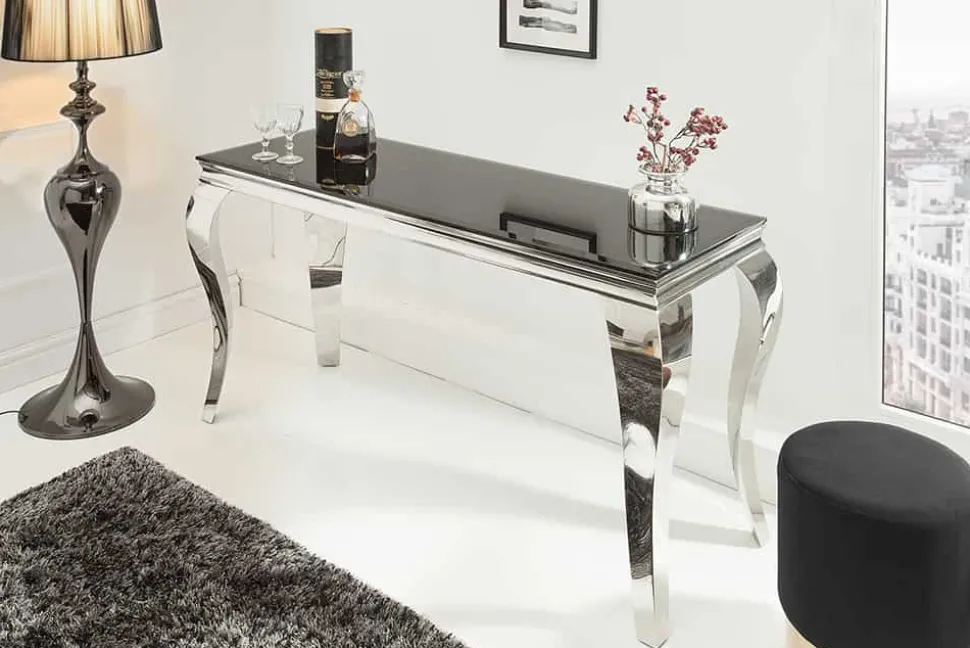 Eleganter Konsolentisch MODERN BAROCK 145cm schwarz Opalglas Edelstahlbeine