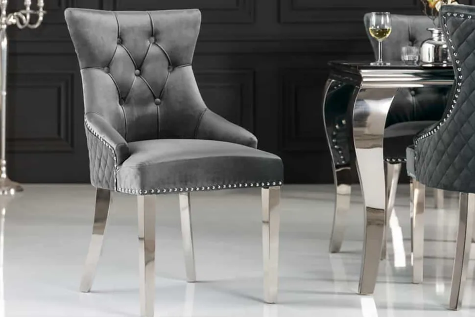 Eleganter Stuhl CASTLE DELUXE grau Samt Löwenkopf Chesterfield Design Esszimmerstuhl Nieten
