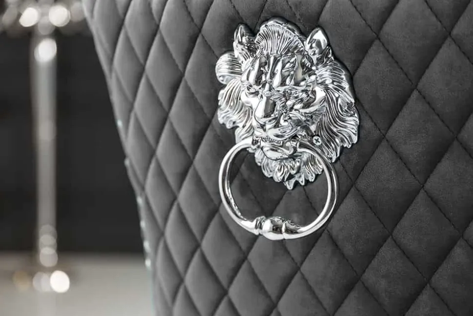 Eleganter Stuhl CASTLE DELUXE grau Samt Löwenkopf Chesterfield Design Esszimmerstuhl Nieten