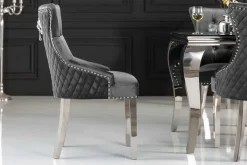 Eleganter Stuhl CASTLE DELUXE grau Samt Löwenkopf Chesterfield Design Esszimmerstuhl Nieten