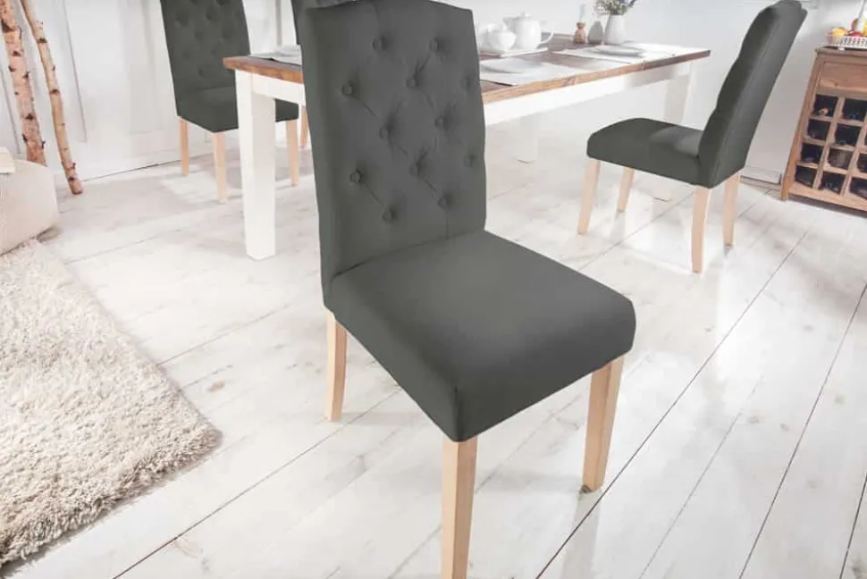 Eleganter Stuhl CASTLE grau mit Chesterfield Steppung im Landhausstil