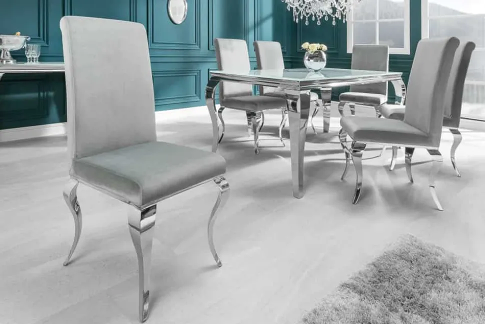Eleganter Stuhl MODERN BAROCK edel-grau Samt Stuhlbeine aus Edelstahl
