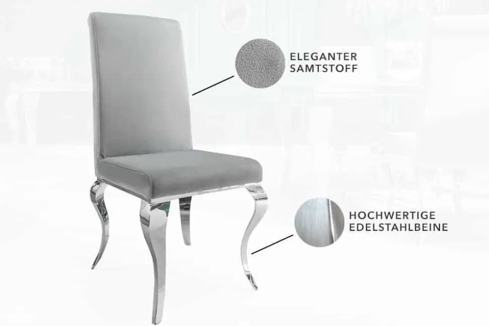 Eleganter Stuhl MODERN BAROCK edel-grau Samt Stuhlbeine aus Edelstahl