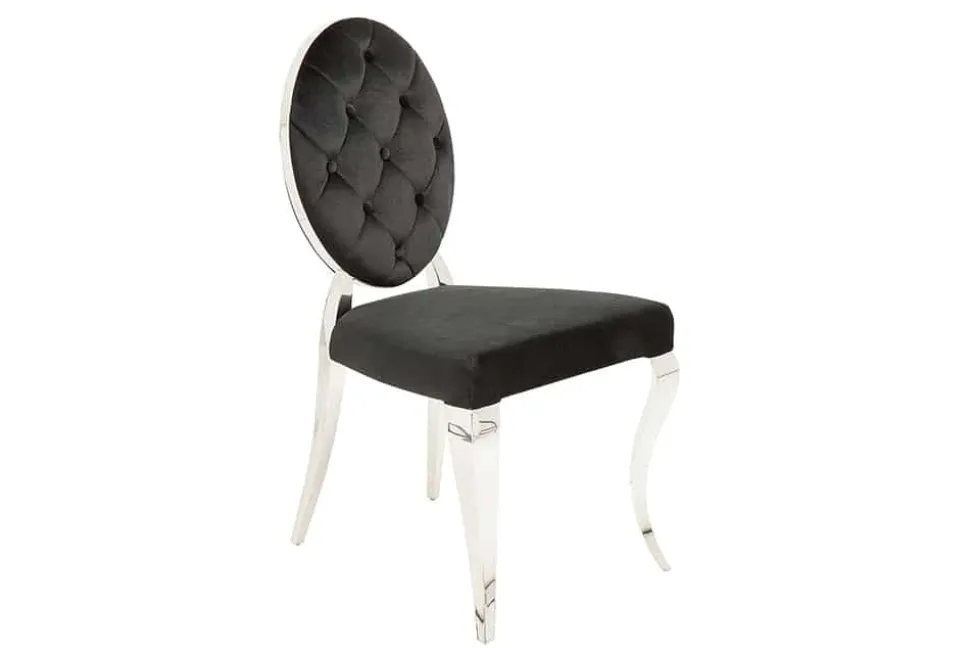 Eleganter Stuhl MODERN BAROCK schwarz Samt mit Knöpfen Edelstahlbeine