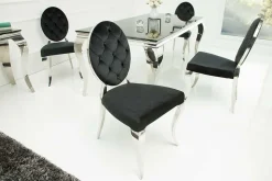 Eleganter Stuhl MODERN BAROCK schwarz Samt mit Knöpfen Edelstahlbeine