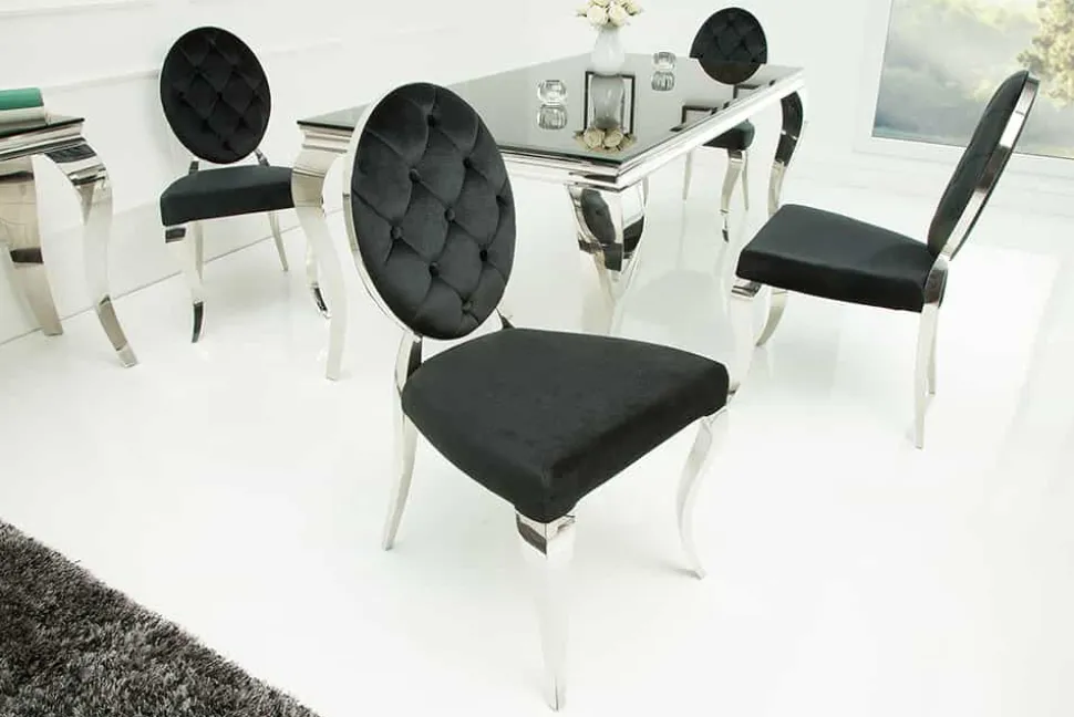 Eleganter Stuhl MODERN BAROCK schwarz Samt mit Knöpfen Edelstahlbeine