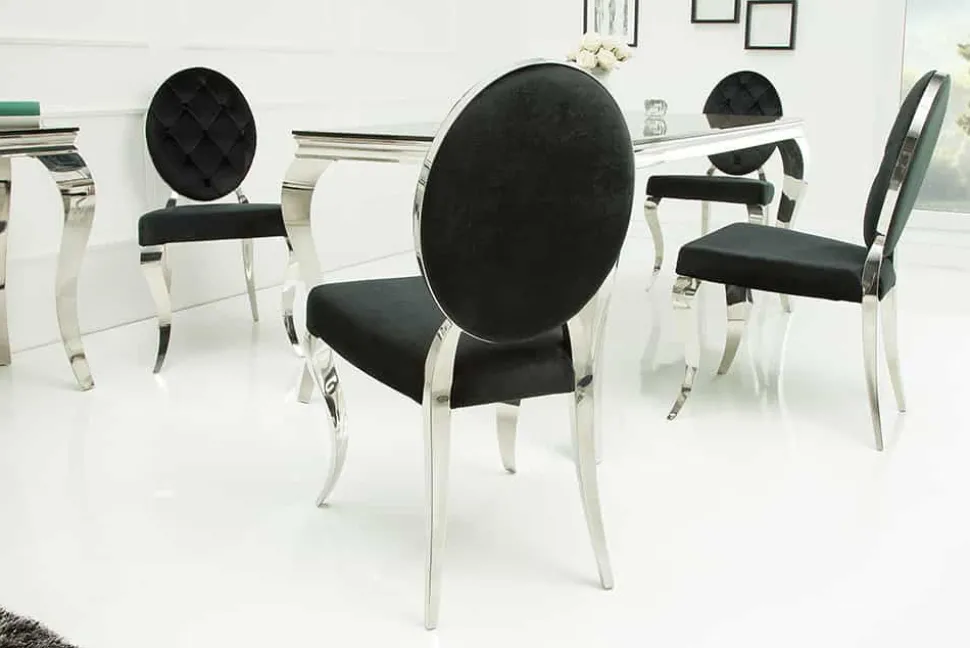 Eleganter Stuhl MODERN BAROCK schwarz Samt mit Knöpfen Edelstahlbeine