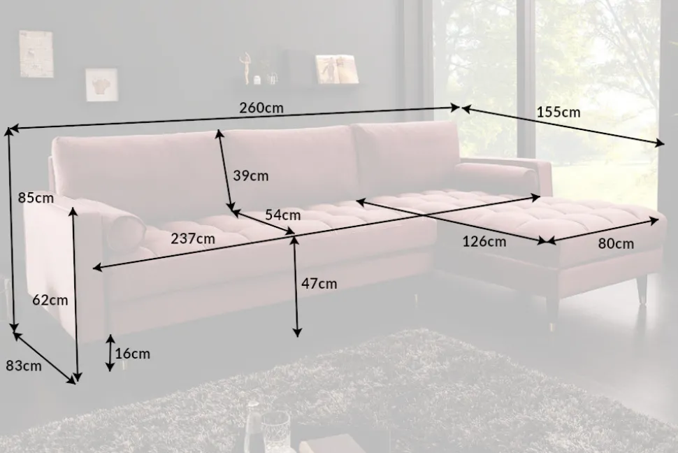 Elegantes Ecksofa COZY VELVET 260cm altrosa Samt Federkern 3-Sitzer