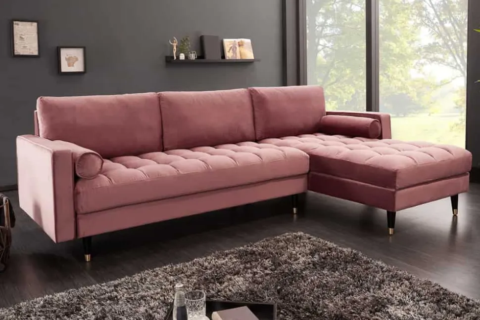 Elegantes Ecksofa COZY VELVET 260cm altrosa Samt Federkern 3-Sitzer