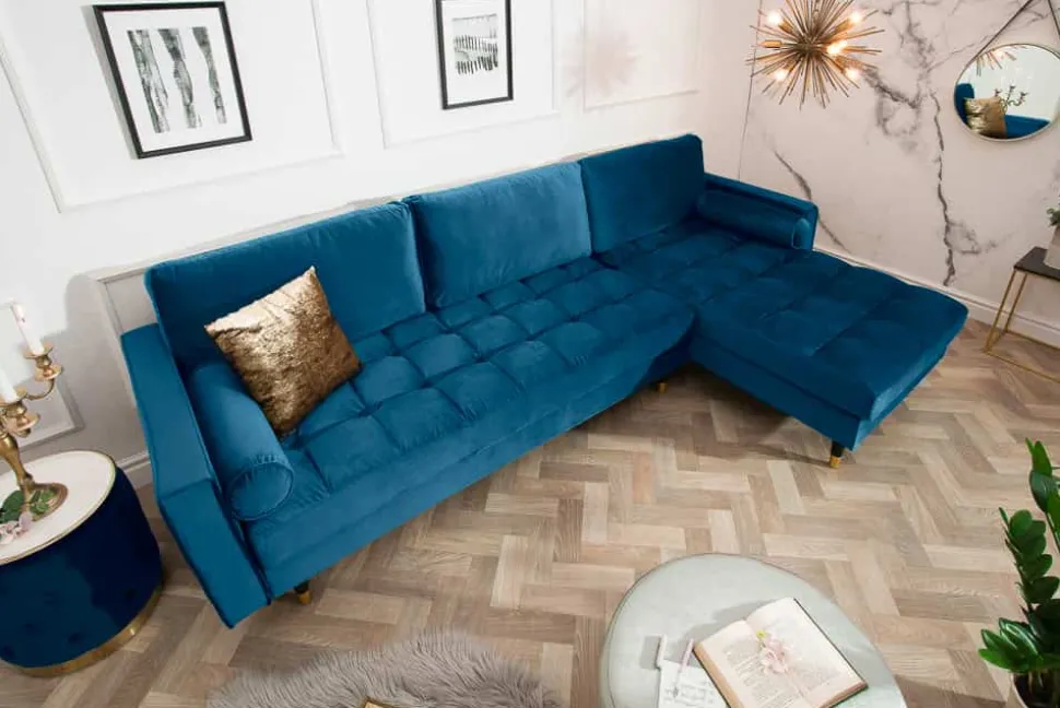 Elegantes Ecksofa COZY VELVET 260cm blau petrol Samt Federkern 3-Sitzer