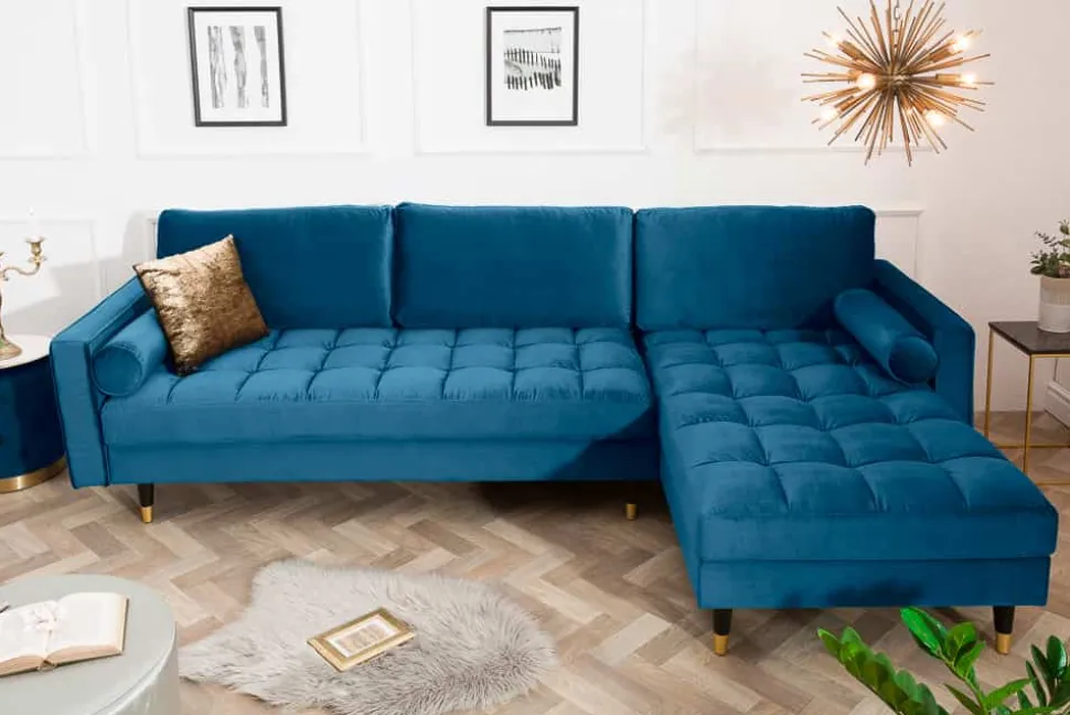 Elegantes Ecksofa COZY VELVET 260cm blau petrol Samt Federkern 3-Sitzer