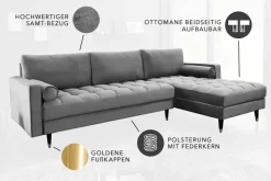 Elegantes Ecksofa COZY VELVET 260cm grau Samt Federkern 3-Sitzer
