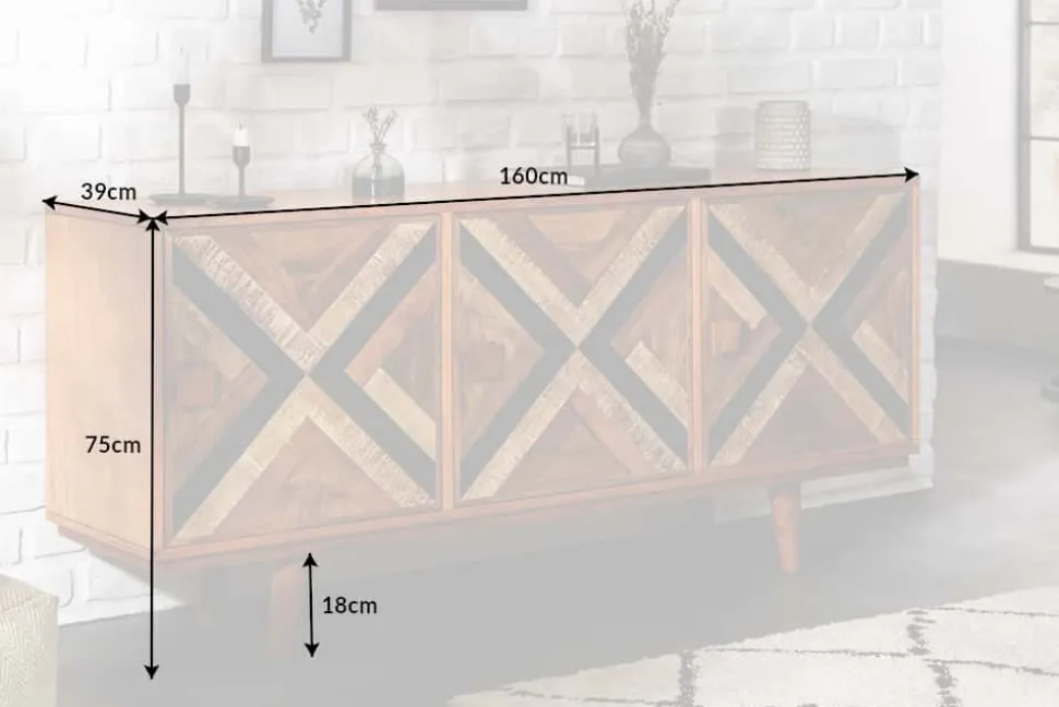 Elegantes Sideboard LONG ISLAND 160cm Mangoholz-Optik mit Retro Muster