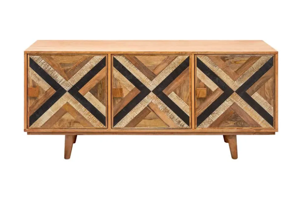 Elegantes Sideboard LONG ISLAND 160cm Mangoholz-Optik mit Retro Muster