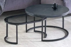 2er Set Couchtisch ELEGANCE 70cm graphit Marmor-Design Glas Metall rund oval
