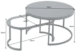 2er Set Couchtisch ELEGANCE 70cm graphit Marmor-Design Glas Metall rund oval