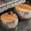 2er Set Runde Couchtische STONE MOSAIC 65cm silber Mangoholz Metall handmade Mosaik Design