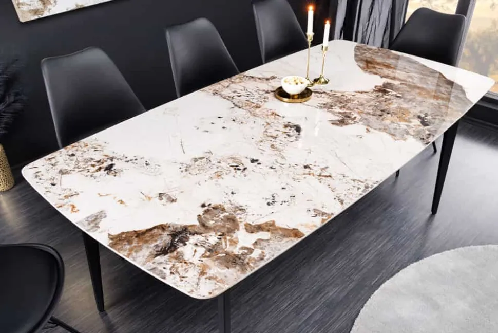 Esstisch MILANO 180cm weiß Pandora Keramik schwarzes Metallgestell
