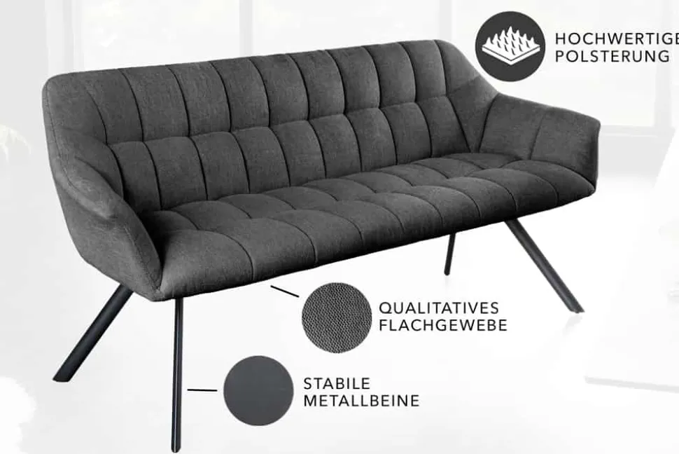 Esszimmer Sitzbank PAPILLON 165cm anthrazit Flachgewebe mit Lehnen schwarzes Metallgestell