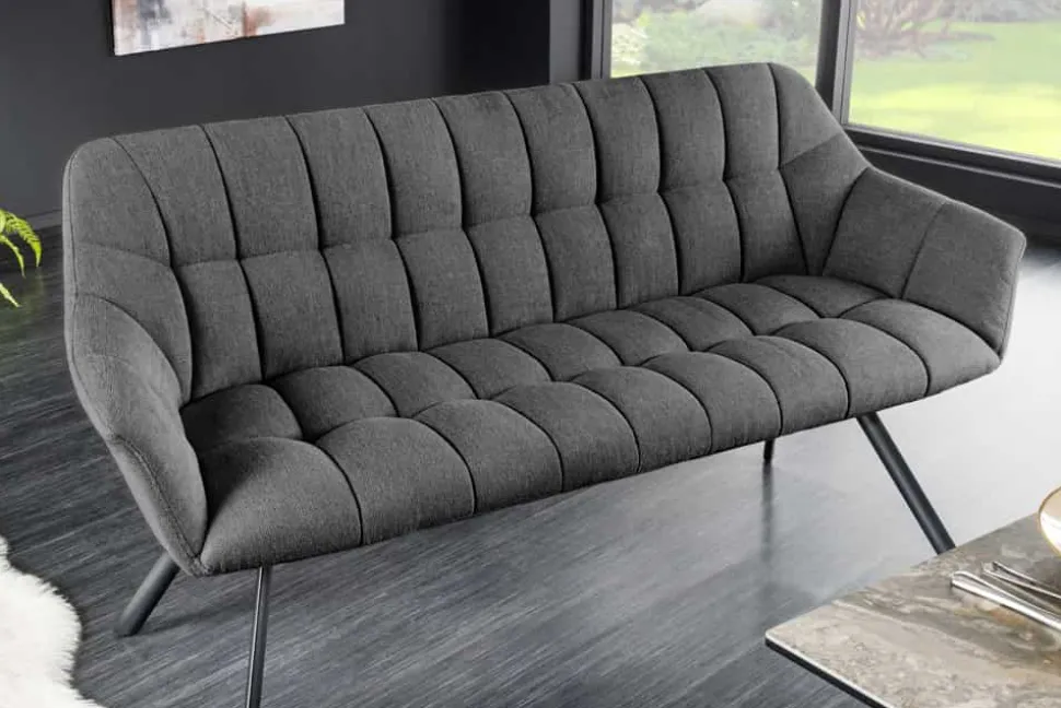 Esszimmer Sitzbank PAPILLON 165cm anthrazit Flachgewebe mit Lehnen schwarzes Metallgestell