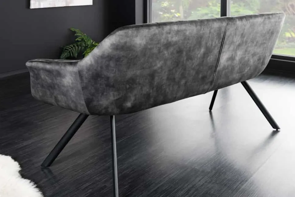 Esszimmer Sitzbank PAPILLON 165cm grau Samt mit Rückenlehne schwarzes Metallgestell