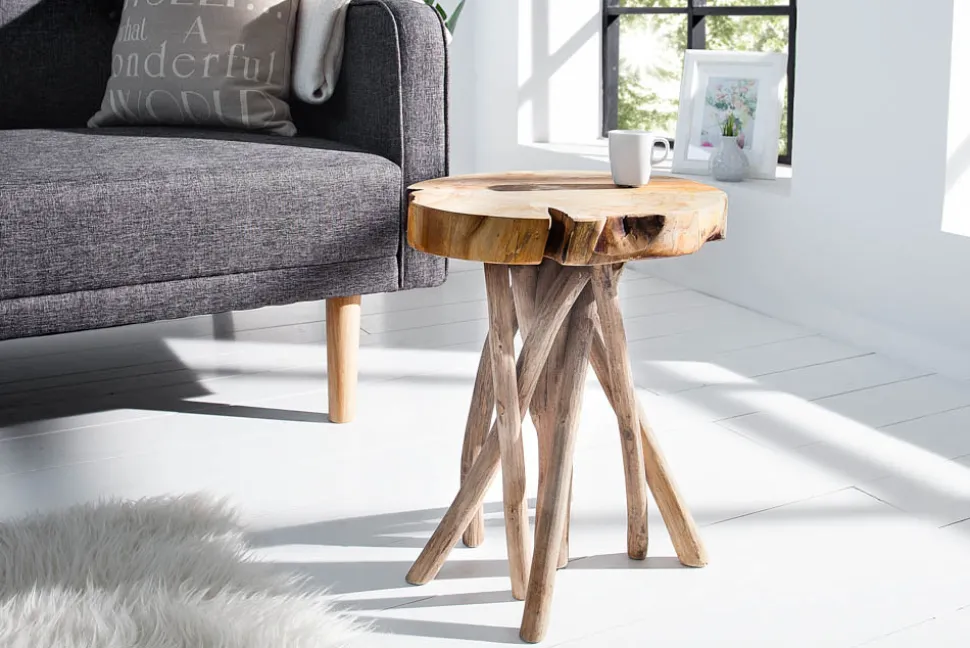 Exklusiver Beistelltisch ROOT 30cm natur Teak Massivholz Hocker Wurzelholz rund