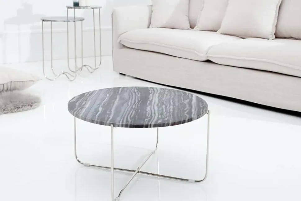 Exklusiver Couchtisch NOBLE 65cm grau echter Marmor rund silber Metall