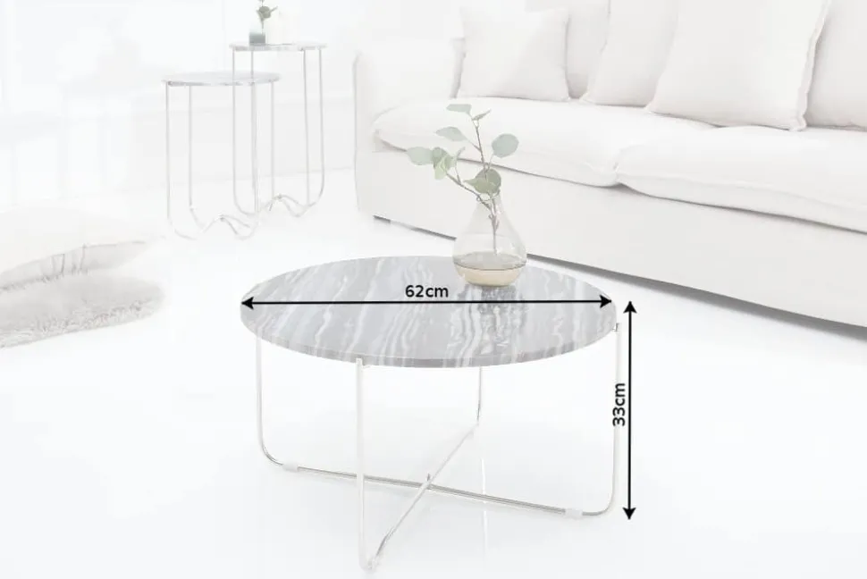 Exklusiver Couchtisch NOBLE 65cm grau echter Marmor rund silber Metall