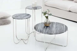 Exklusiver Couchtisch NOBLE 65cm grau echter Marmor rund silber Metall