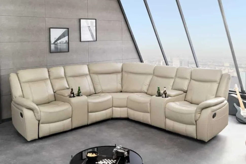 Exklusiver 5er Kinosessel HOLLYWOOD beige Ecksofa Getränkehalter Stauraum