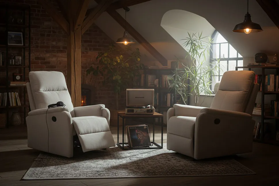 Exklusiver 1er Kinosessel HOLLYWOOD beige Strukturstoff elektrische Liegeposition