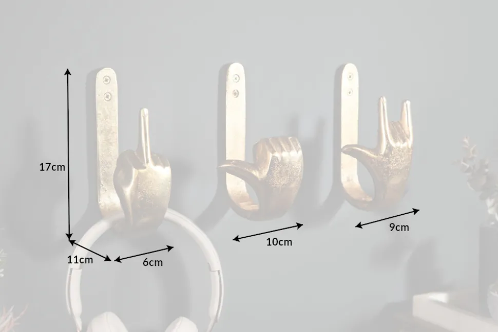 Extravagante Kleiderhaken FINGERS gold Metall-Aluminium 3er Set Wandgarderobe