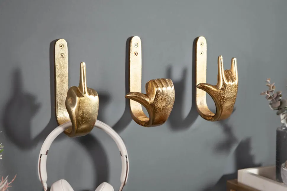 Extravagante Kleiderhaken FINGERS gold Metall-Aluminium 3er Set Wandgarderobe