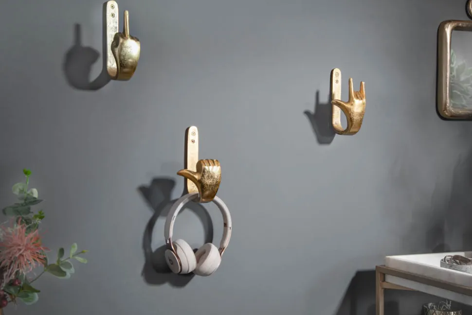 Extravagante Kleiderhaken FINGERS gold Metall-Aluminium 3er Set Wandgarderobe