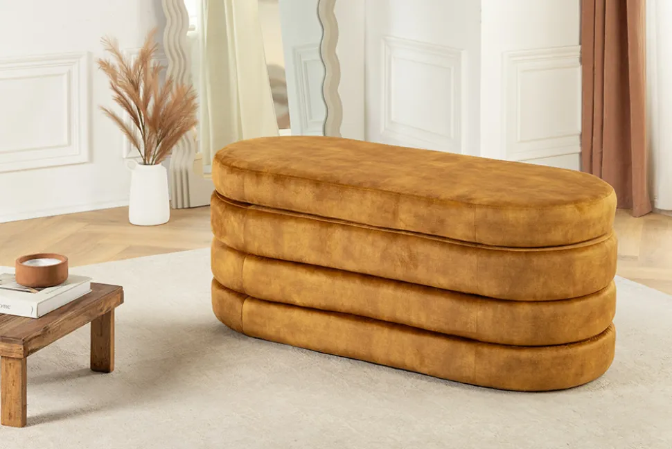 Extravagante Polsterbank VOGUE 115cm senfgelb Samt Sitzbank mit Stauraum