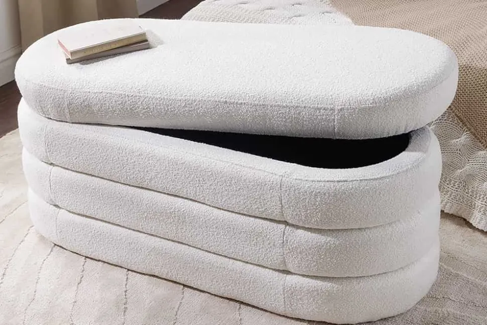 Extravagante Polsterbank VOGUE 115cm creme weiß Bouclé Sitzbank mit Stauraum