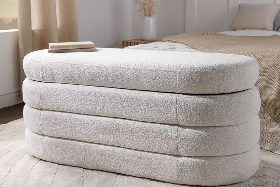 Extravagante Polsterbank VOGUE 115cm creme weiß Bouclé Sitzbank mit Stauraum