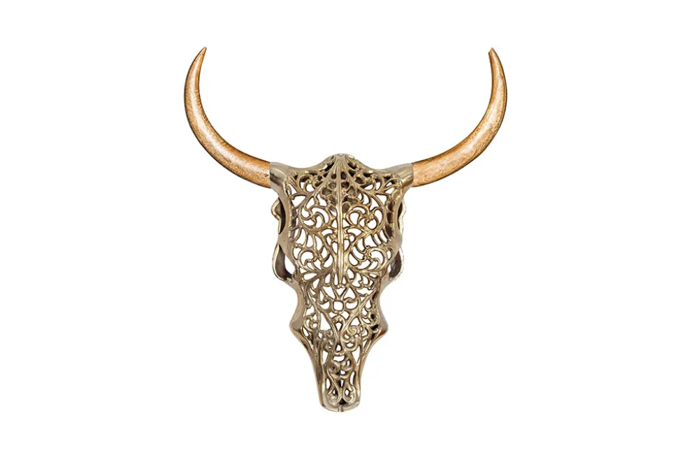 Extravagante Wanddekoration EXOTIC BULL 60cm gold Mangoholz Stierkopf