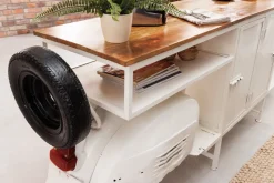 Extravaganter Barschrank SCOOTER 250cm weiß Retro-Konsole Motorroller mit Mangoholz Upcycling