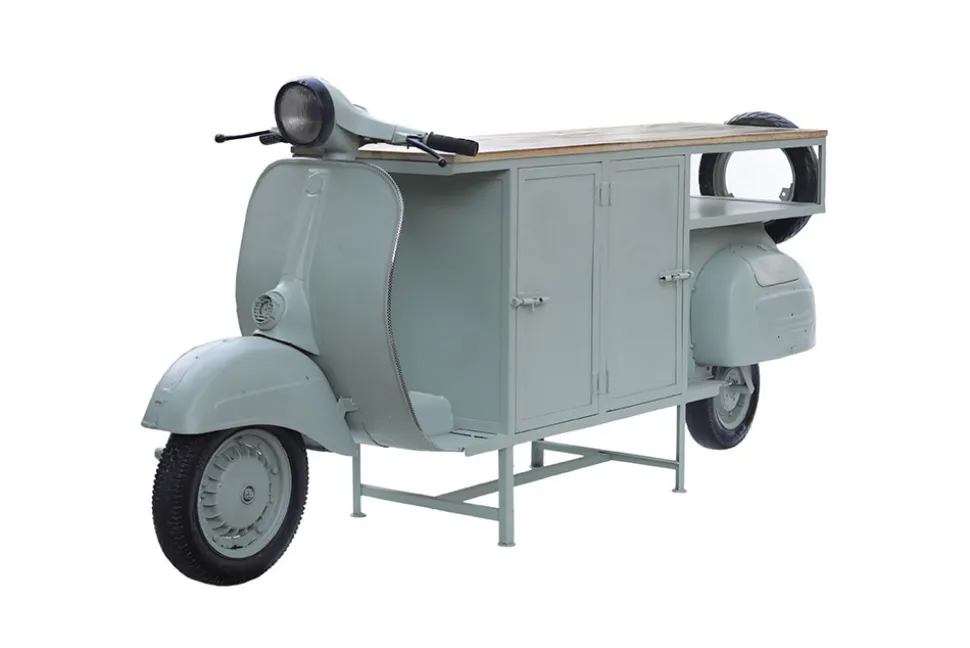 Extravaganter Barschrank SCOOTER 250cm salbei Retro-Konsole Motorroller mit Mangoholz Upcycling