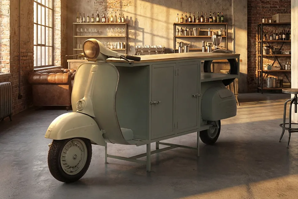 Extravaganter Barschrank SCOOTER 250cm salbei Retro-Konsole Motorroller mit Mangoholz Upcycling