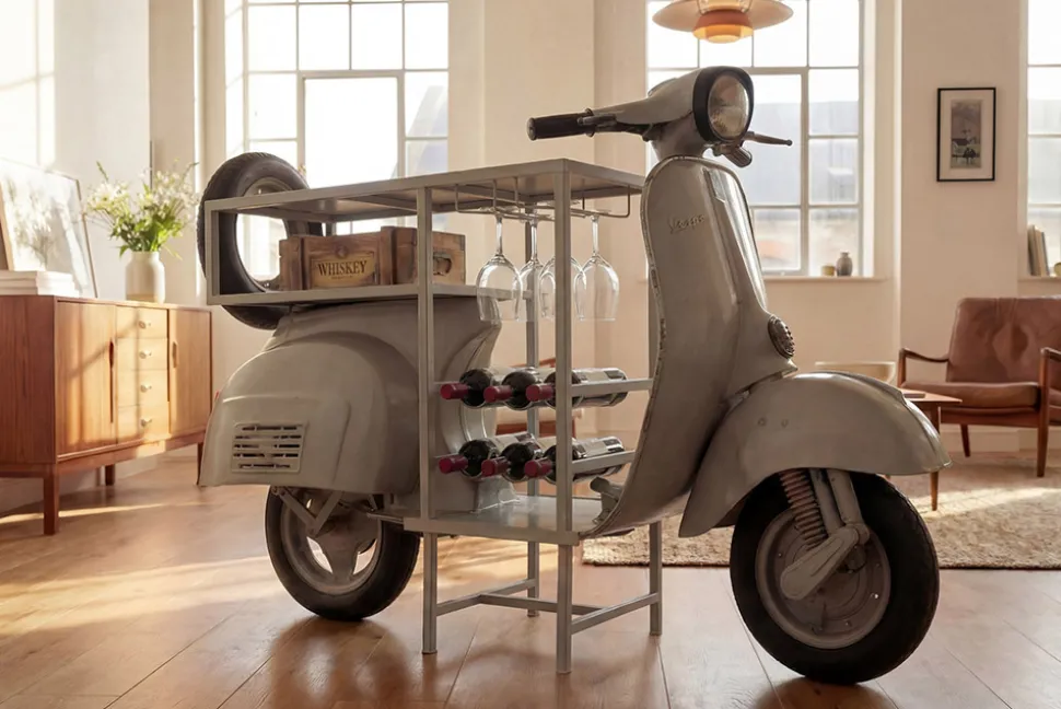 Extravaganter Bartisch SCOOTER 180cm salbei Retro-Konsole Motorroller Mangoholz Upcycling