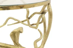 Extravaganter Couchtisch SNAKE 70cm gold rund Metall Schlangen-Skulptur Glasplatte